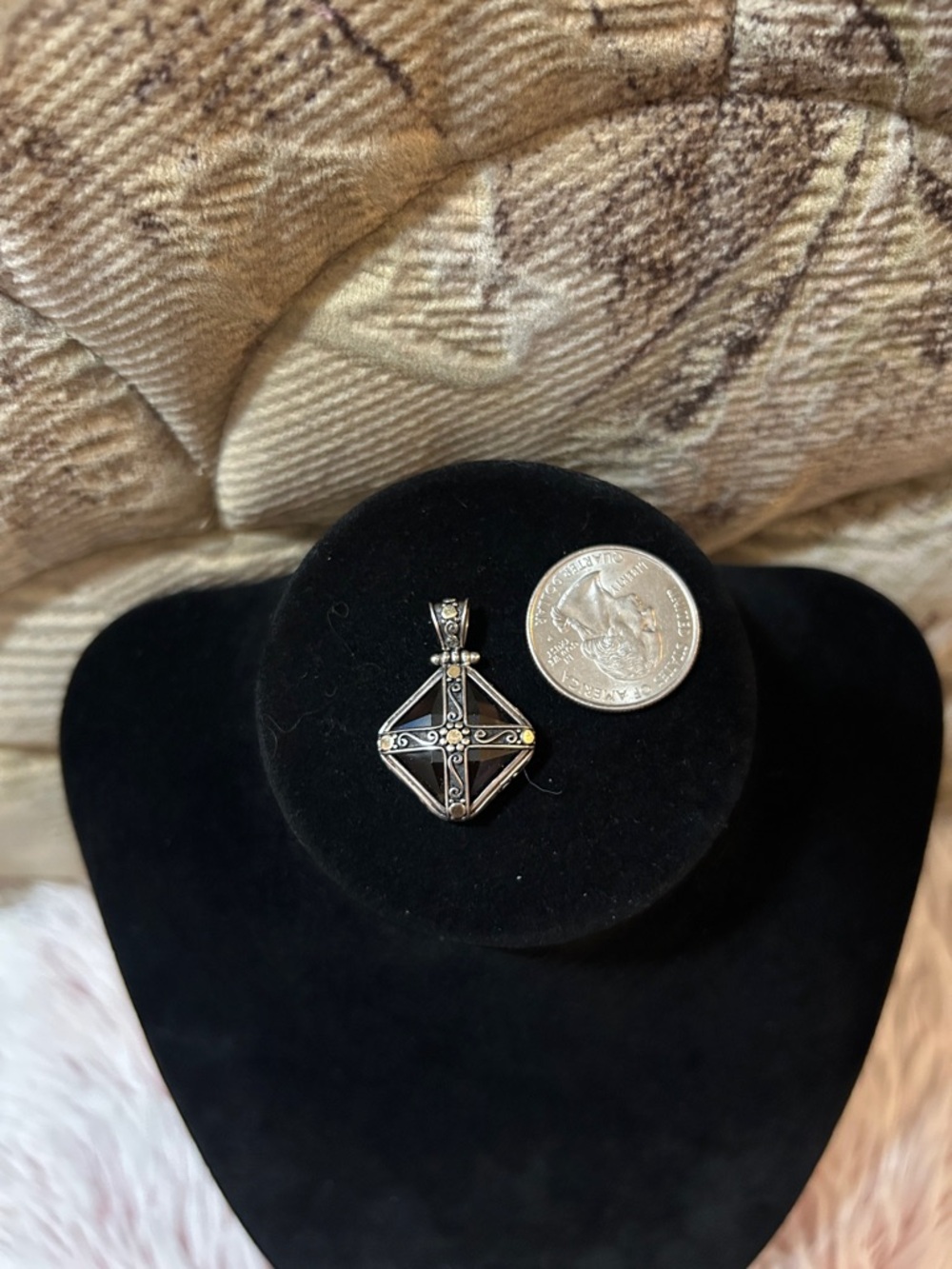 Antique 925 Sterling Silver + 18K Gold Smokey Quartz Pendant